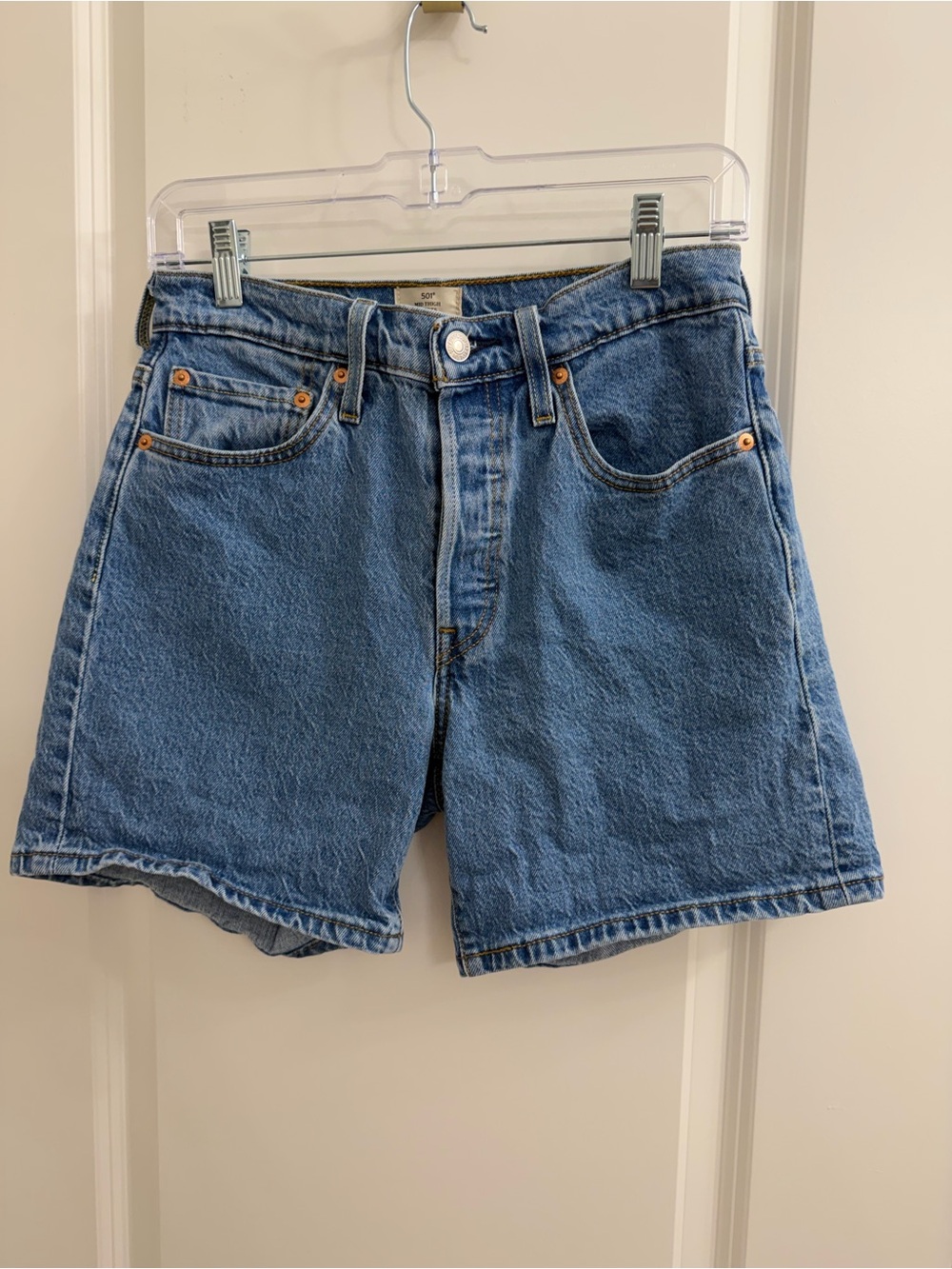 Levi's Medium Blue High-Rise Mid Thigh Denim Shorts